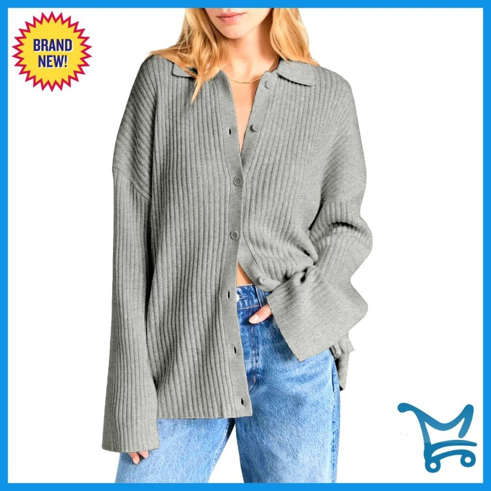 Oversized Ribbed Cardigan Sweater with Bell Sleeves and Button Front